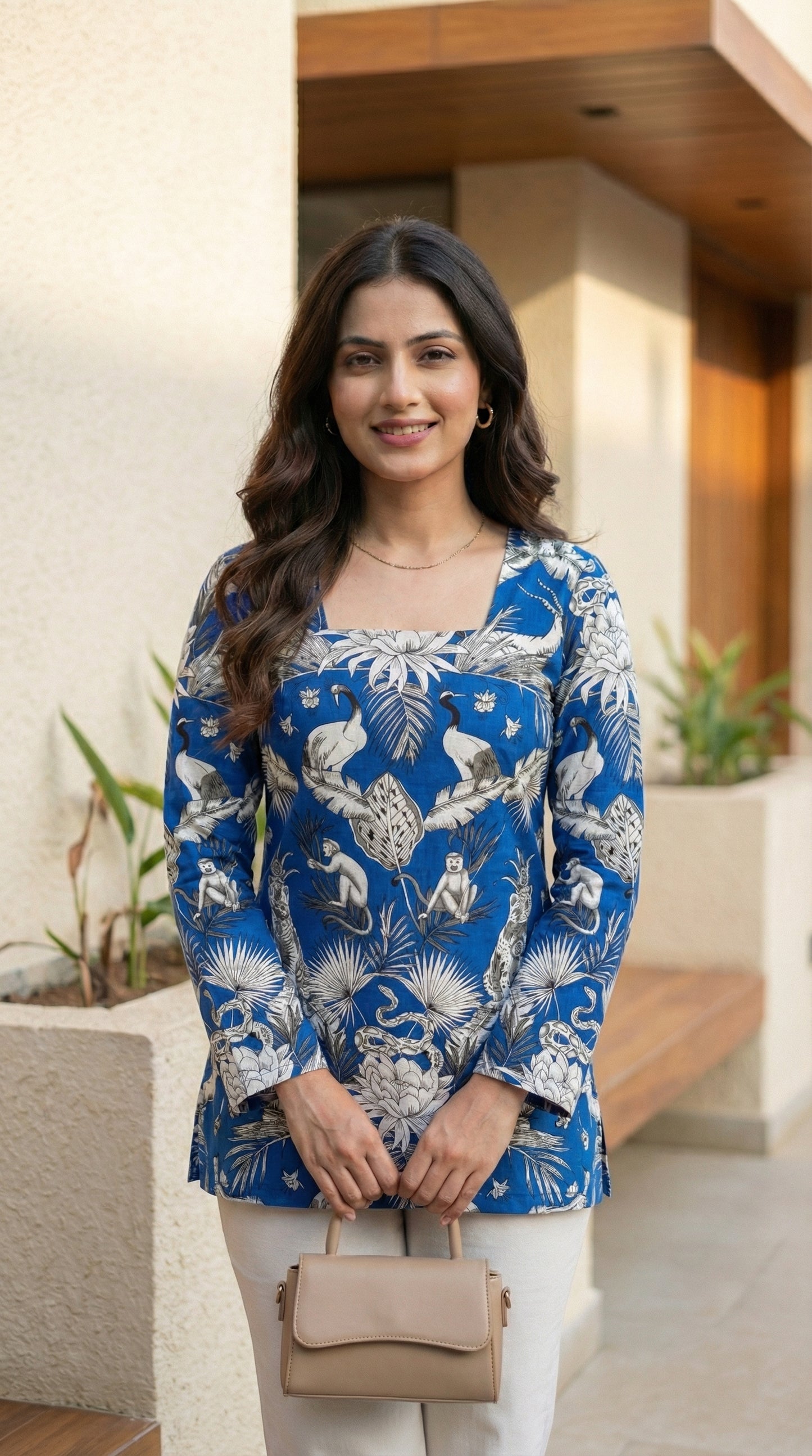 Women Blue Forest Printed Full Sleeve Cotton Short Kurti with Lace-Up Back