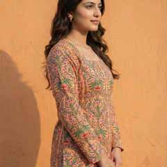 Women Pastel Printed Full Sleeve Cotton Short Kurti with Lace-Up Back