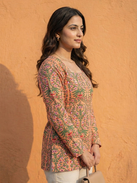 Women Pastel Printed Full Sleeve Cotton Short Kurti with Lace-Up Back