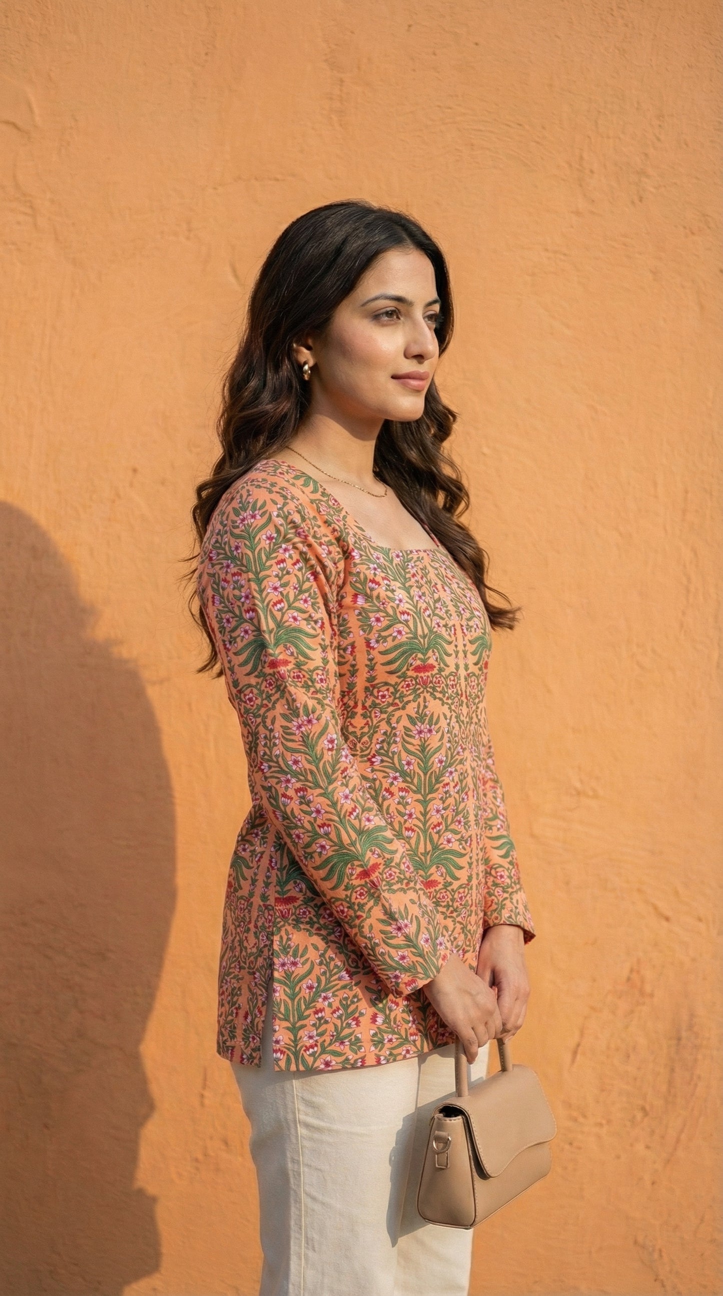 Women Pastel Printed Full Sleeve Cotton Short Kurti with Lace-Up Back