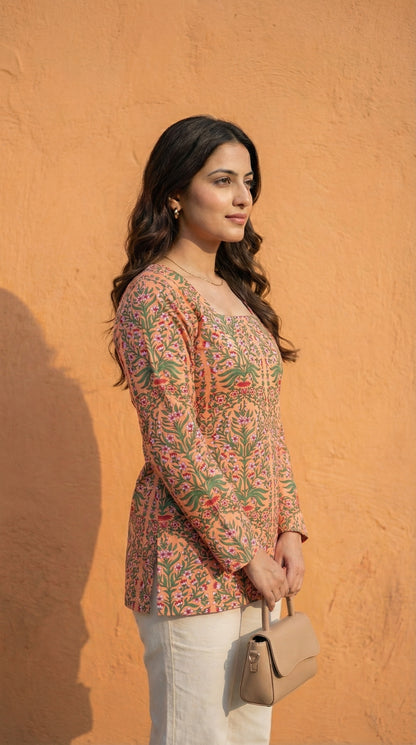 Women Pastel Printed Full Sleeve Cotton Short Kurti with Lace-Up Back