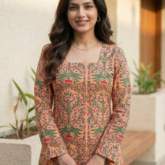 Women Pastel Printed Full Sleeve Cotton Short Kurti with Lace-Up Back