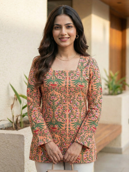 Women Pastel Printed Full Sleeve Cotton Short Kurti with Lace-Up Back