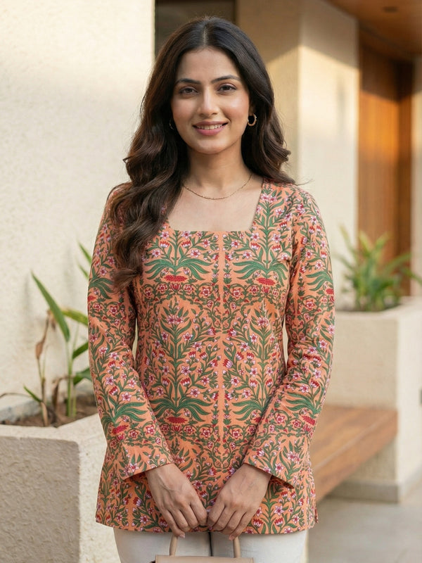 Women Pastel Printed Full Sleeve Cotton Short Kurti with Lace-Up Back