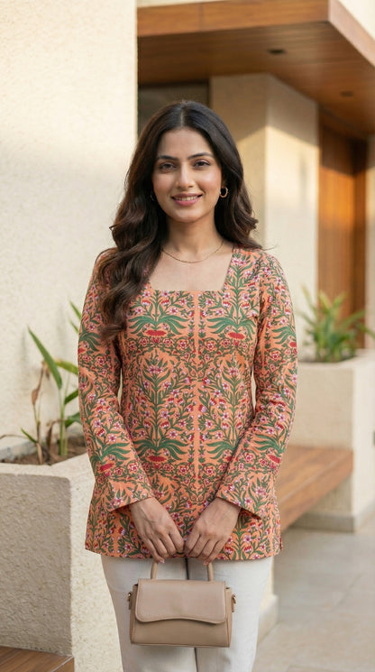 Women Pastel Printed Full Sleeve Cotton Short Kurti with Lace-Up Back