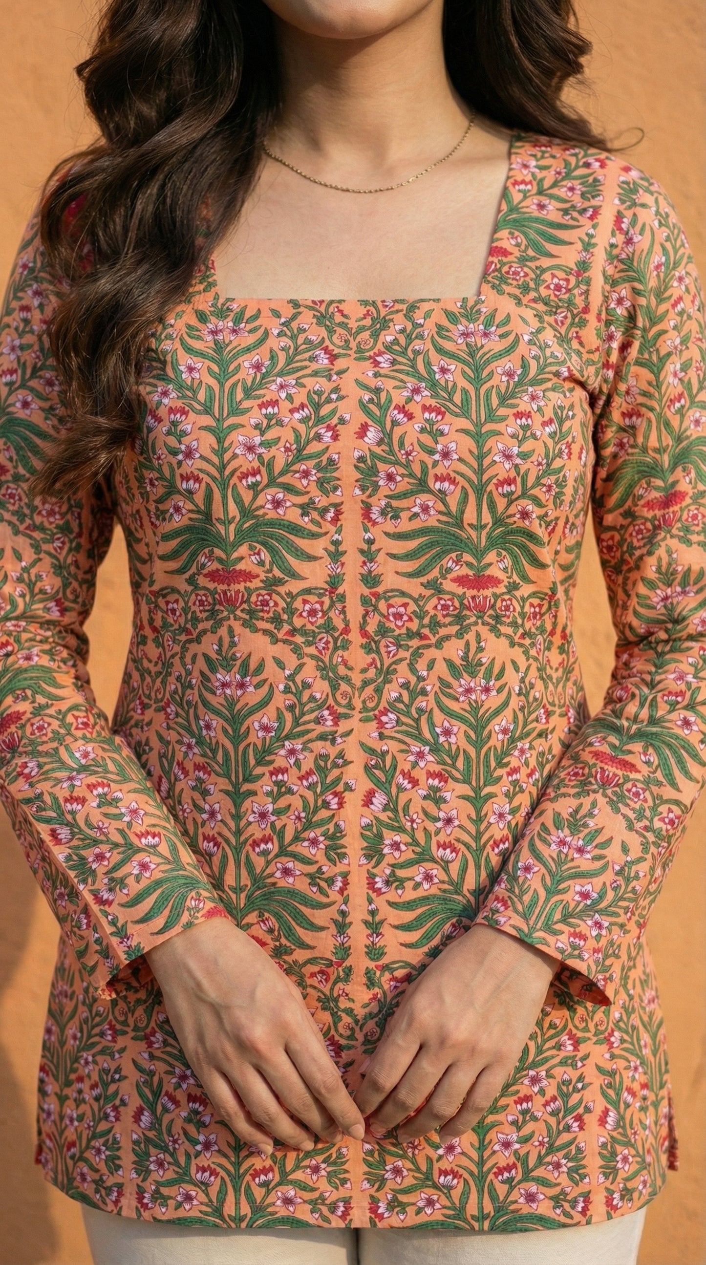 Women Pastel Printed Full Sleeve Cotton Short Kurti with Lace-Up Back