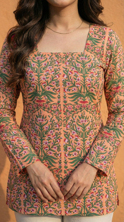 Women Pastel Printed Full Sleeve Cotton Short Kurti with Lace-Up Back