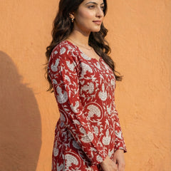 Women Maroon Floral Bagru Printed  Full Sleeve Cotton Short Kurti with Lace-Up Back