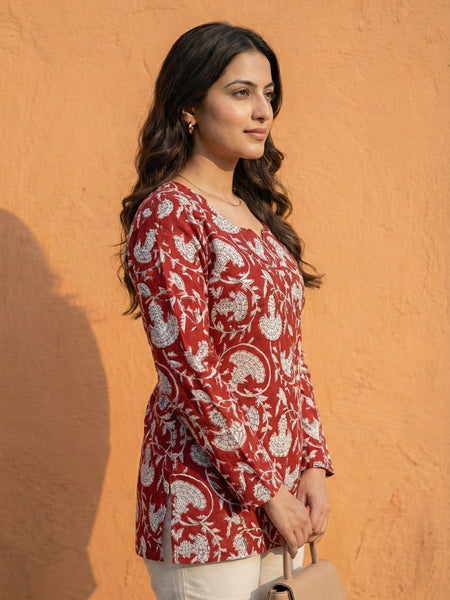 Women Maroon Floral Bagru Printed  Full Sleeve Cotton Short Kurti with Lace-Up Back