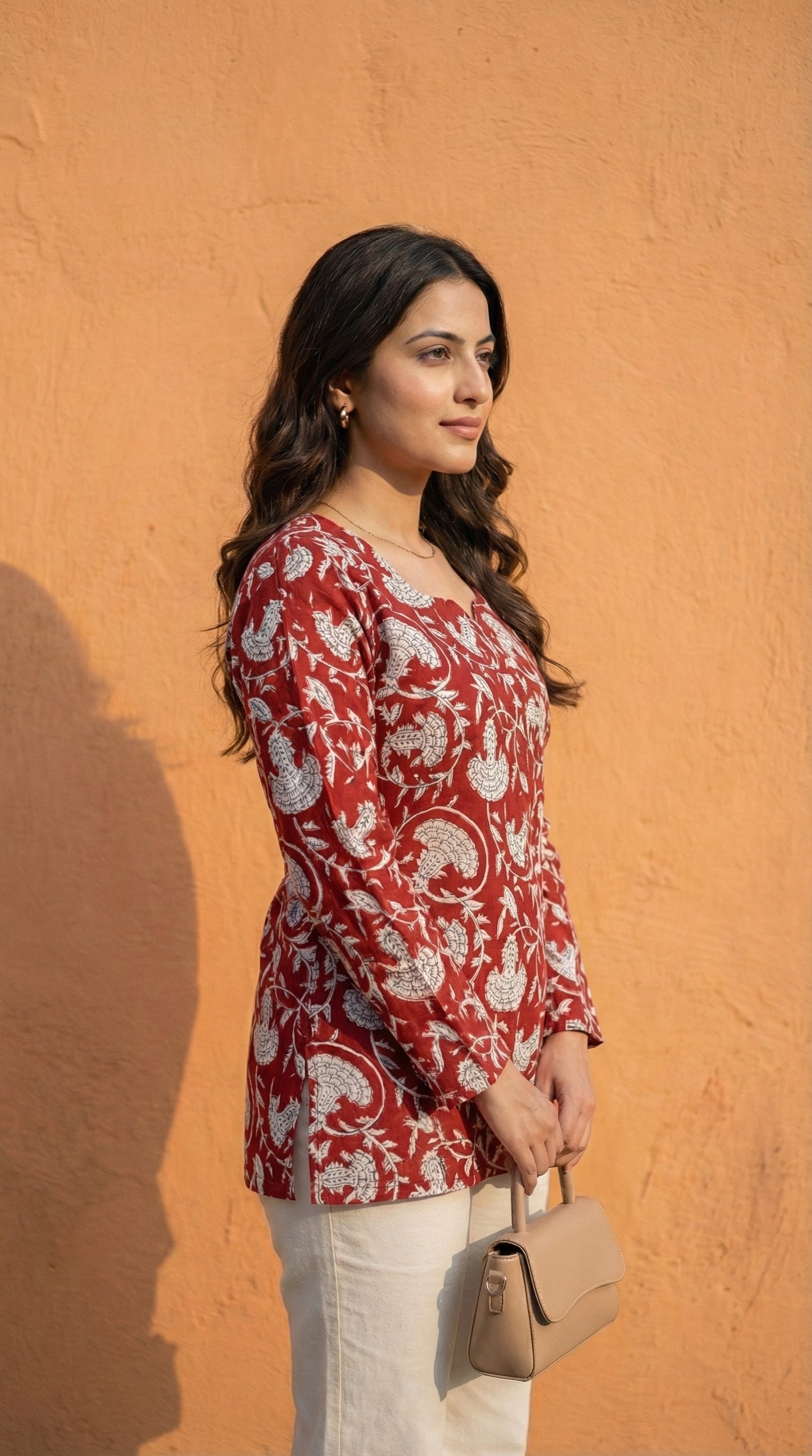 Women Maroon Floral Bagru Printed  Full Sleeve Cotton Short Kurti with Lace-Up Back