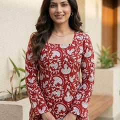 Women Maroon Floral Bagru Printed  Full Sleeve Cotton Short Kurti with Lace-Up Back