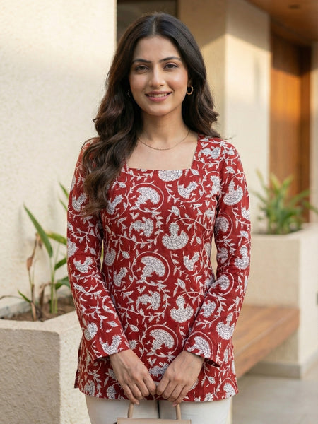 Women Maroon Floral Bagru Printed  Full Sleeve Cotton Short Kurti with Lace-Up Back