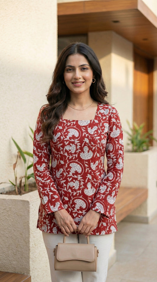 Women Maroon Floral Bagru Printed  Full Sleeve Cotton Short Kurti with Lace-Up Back