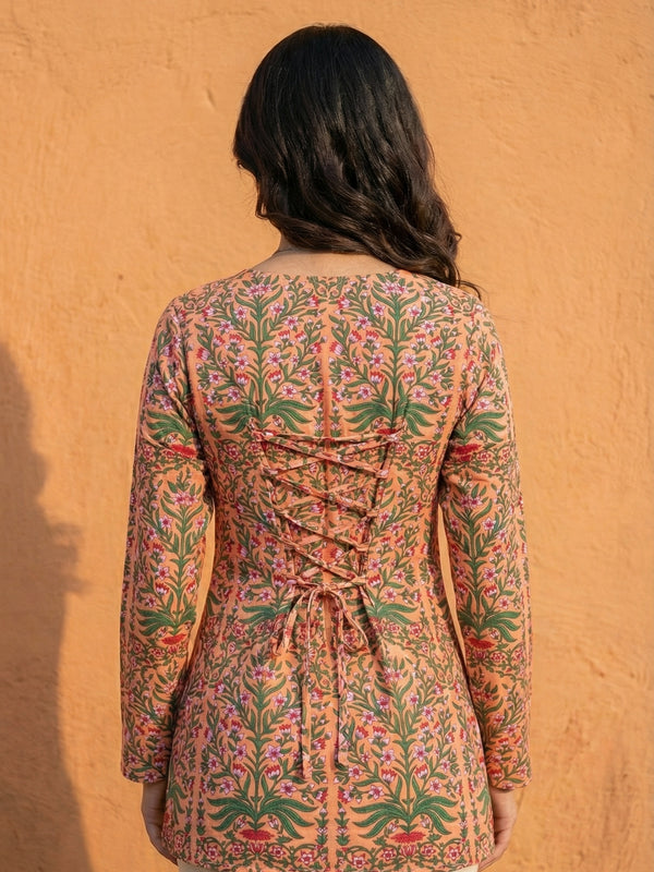 Women Pastel Printed Full Sleeve Cotton Short Kurti with Lace-Up Back