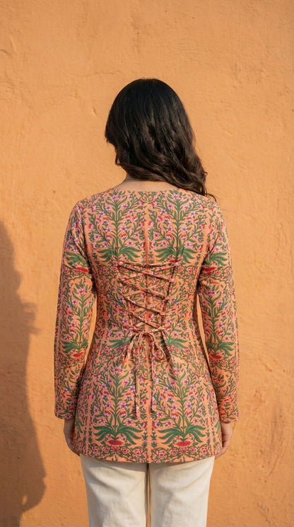 Women Pastel Printed Full Sleeve Cotton Short Kurti with Lace-Up Back