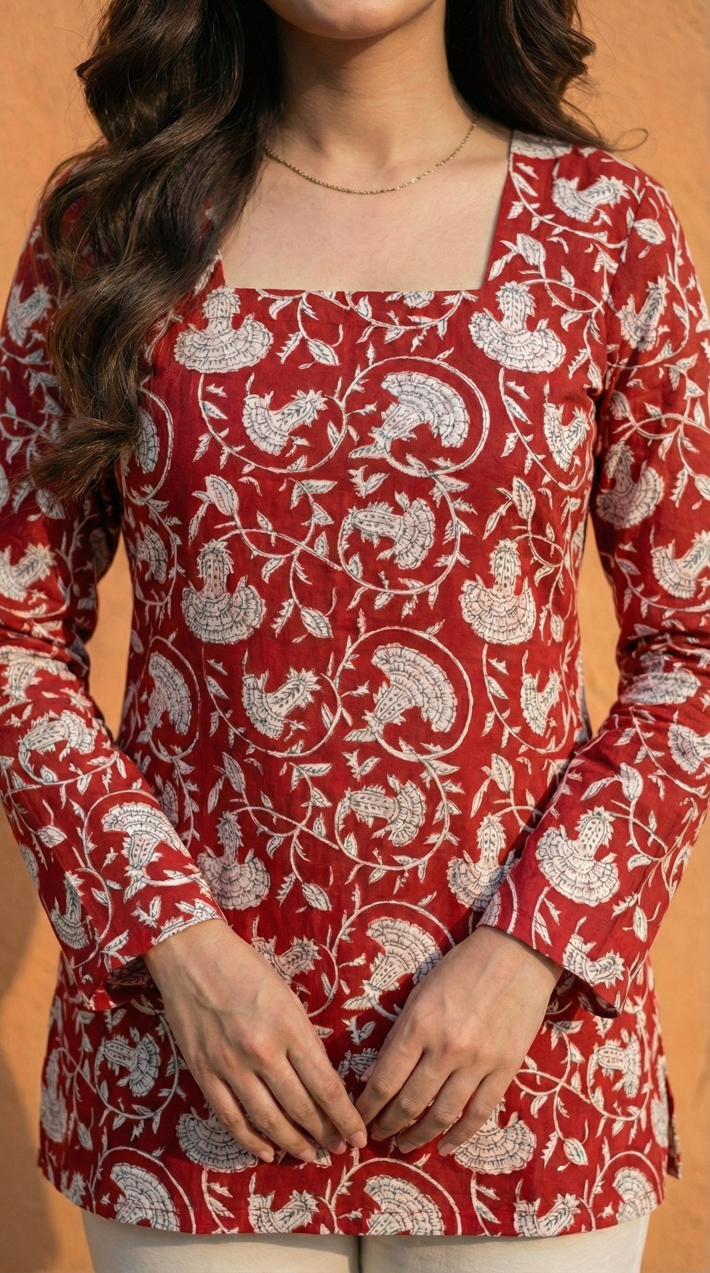 Women Maroon Floral Bagru Printed  Full Sleeve Cotton Short Kurti with Lace-Up Back