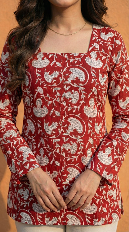 Women Maroon Floral Bagru Printed  Full Sleeve Cotton Short Kurti with Lace-Up Back