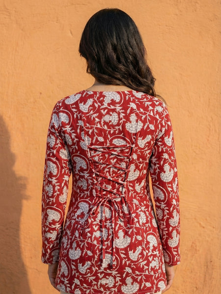 Women Maroon Floral Bagru Printed  Full Sleeve Cotton Short Kurti with Lace-Up Back