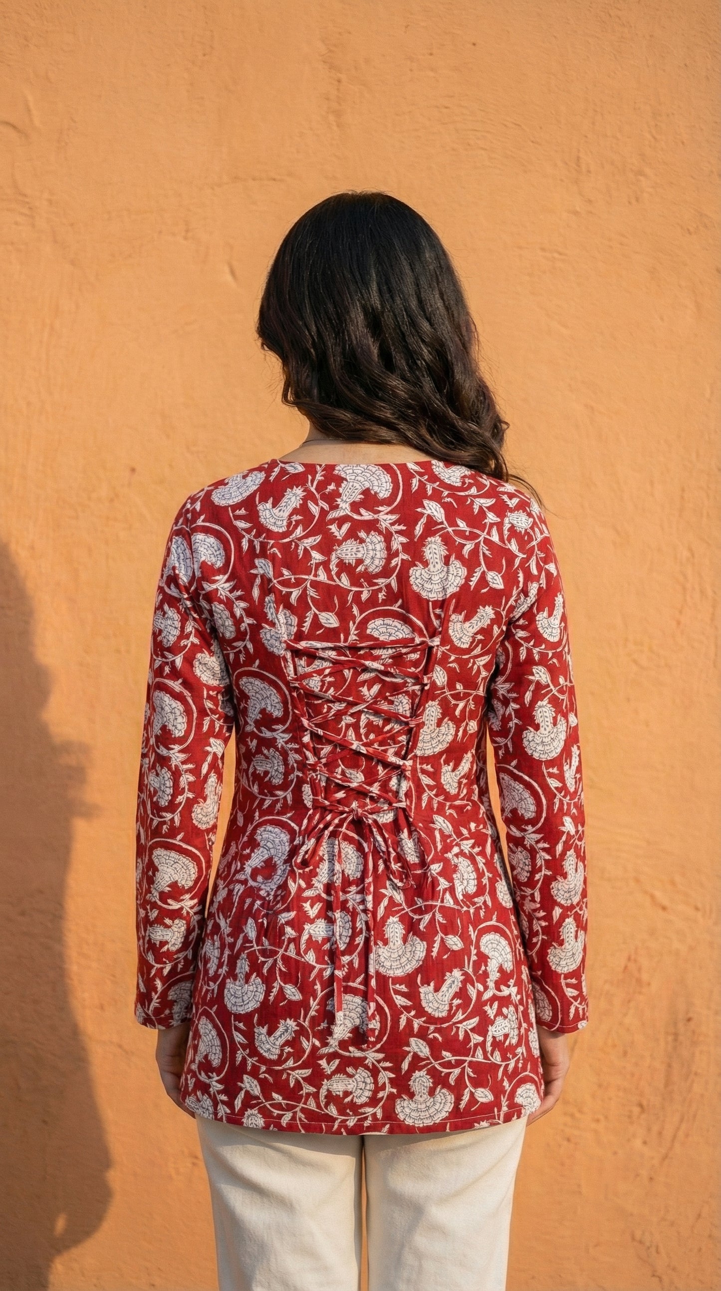 Women Maroon Floral Bagru Printed  Full Sleeve Cotton Short Kurti with Lace-Up Back