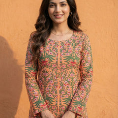 Women Pastel Printed Full Sleeve Cotton Short Kurti with Lace-Up Back