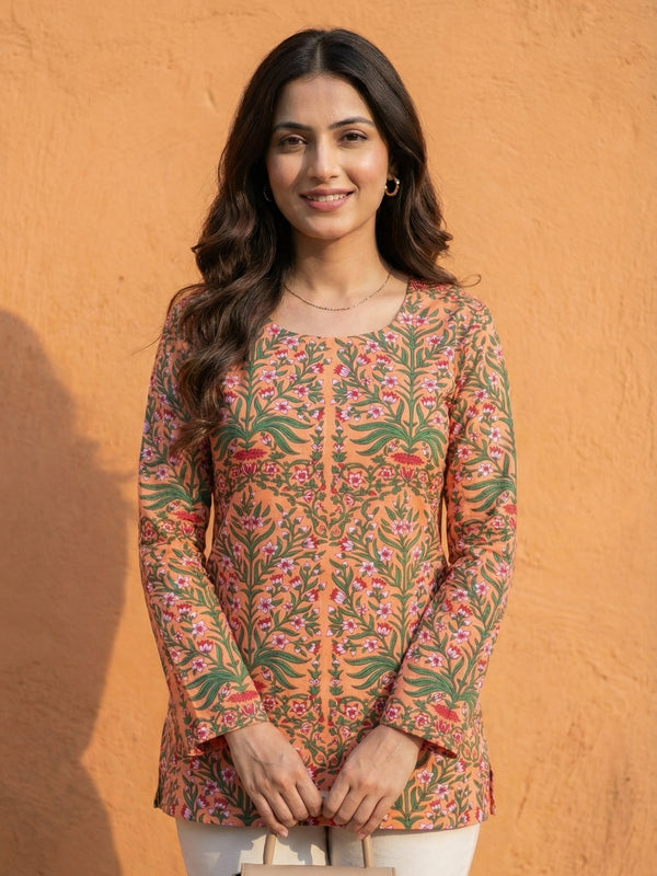 Women Pastel Printed Full Sleeve Cotton Short Kurti with Lace-Up Back