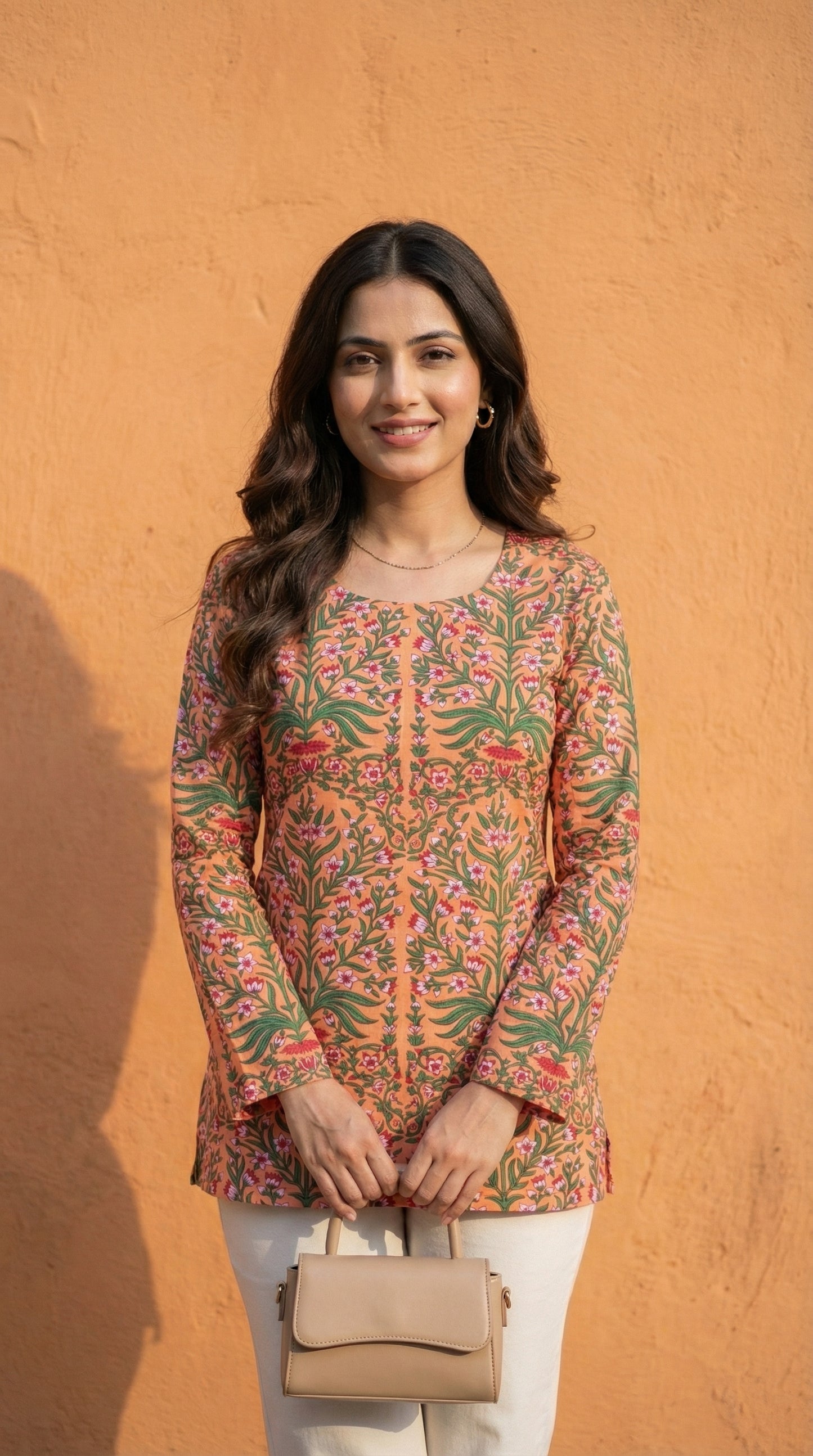 Women Pastel Printed Full Sleeve Cotton Short Kurti with Lace-Up Back