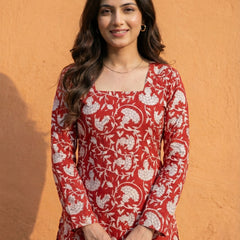 Women Maroon Floral Bagru Printed  Full Sleeve Cotton Short Kurti with Lace-Up Back