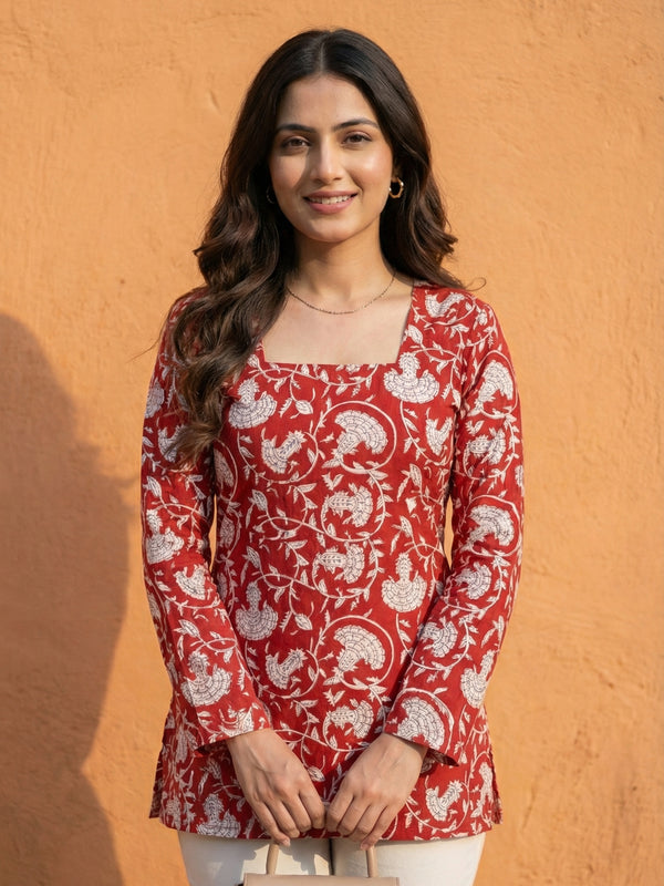 Women Maroon Floral Bagru Printed  Full Sleeve Cotton Short Kurti with Lace-Up Back