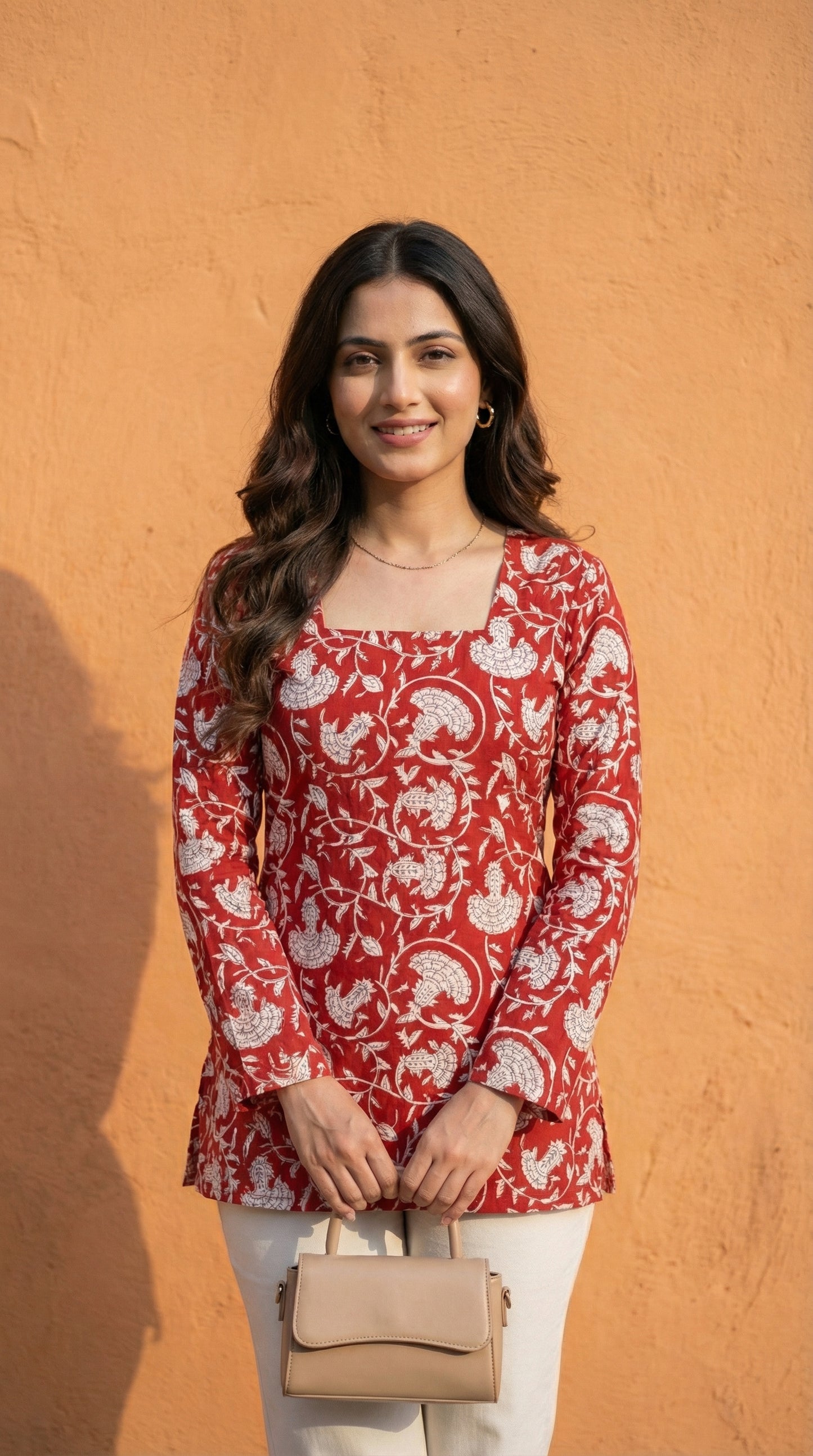 Women Maroon Floral Bagru Printed  Full Sleeve Cotton Short Kurti with Lace-Up Back