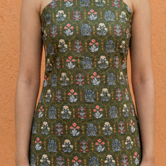 Women Green Floral Printed Cotton Short Kurti with Back Tie-Up Detail