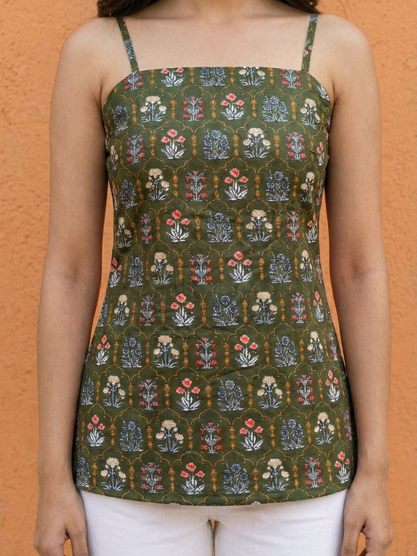 Women Green Floral Printed Cotton Short Kurti with Back Tie-Up Detail
