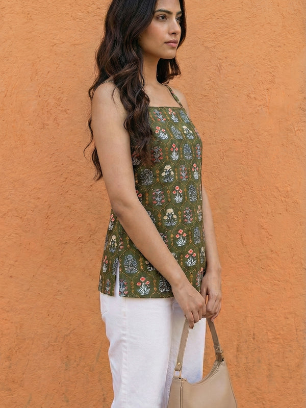 Women Green Floral Printed Cotton Short Kurti with Back Tie-Up Detail