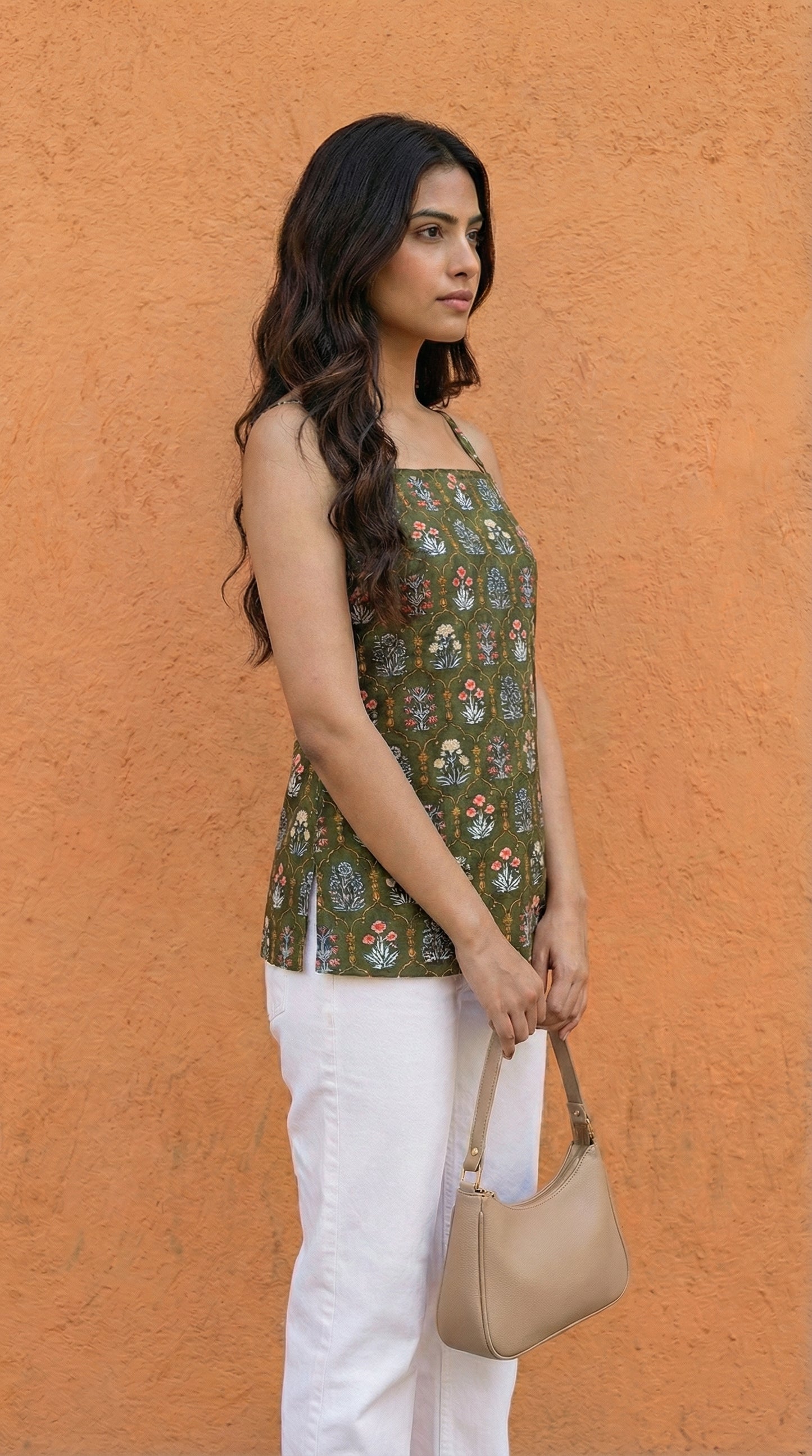 Women Green Floral Printed Cotton Short Kurti with Back Tie-Up Detail