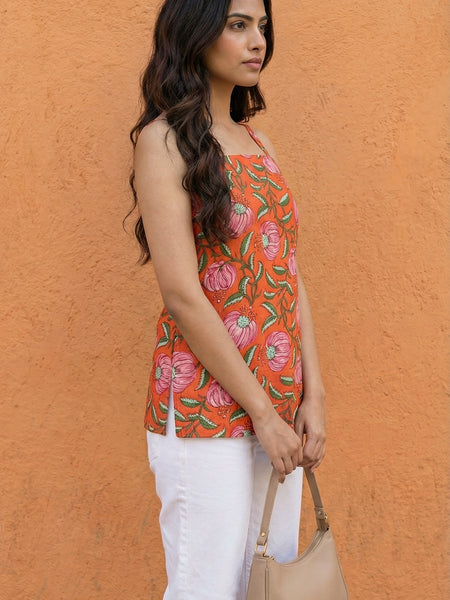 Women Pastel Orange Floral Printed Cotton Short Kurti with Back Tie-Up Detail