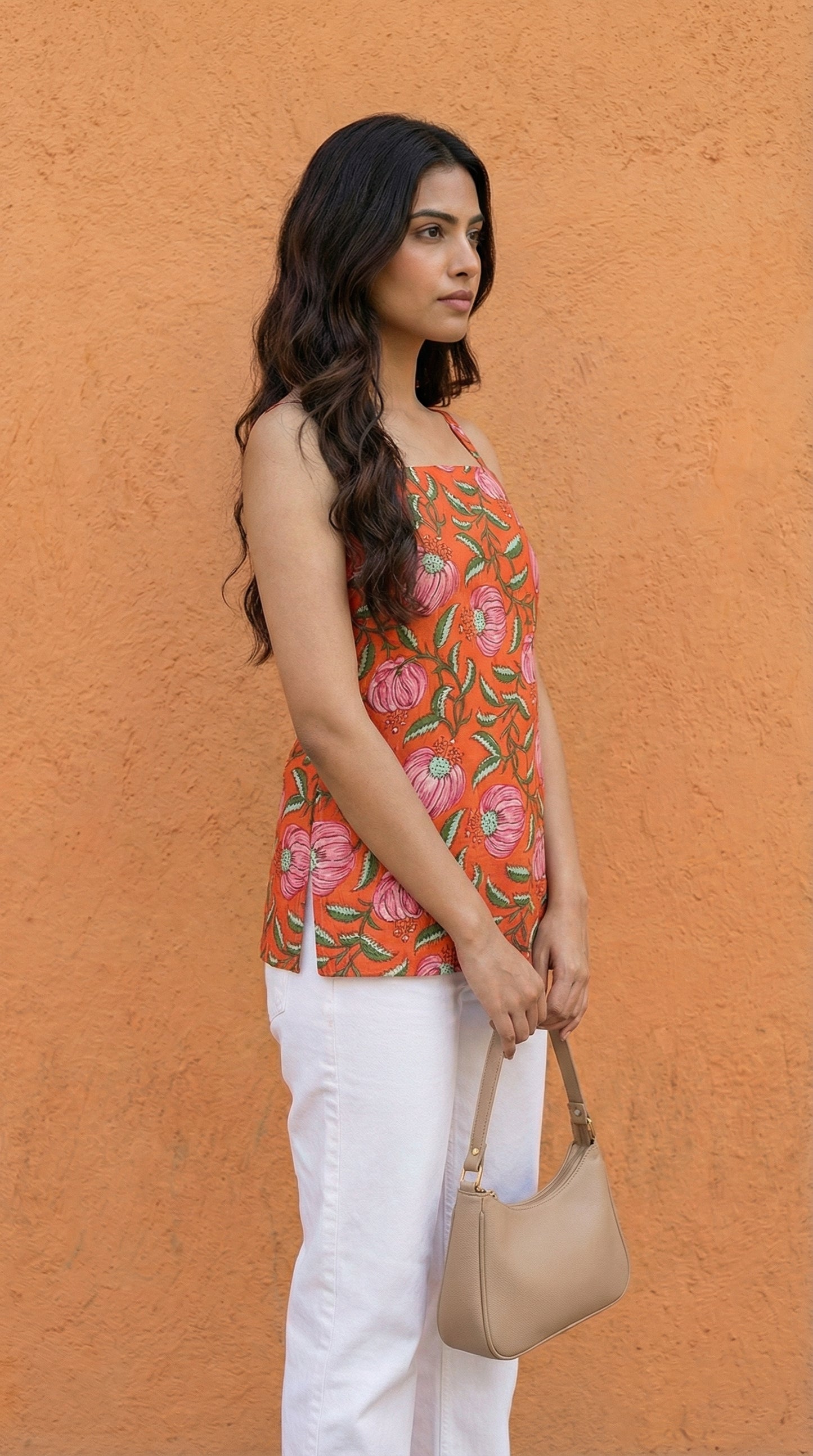 Women Pastel Orange Floral Printed Cotton Short Kurti with Back Tie-Up Detail