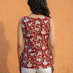 Women Maroon Bagru Print Cotton Short Kurti with Side Tie-Up Detail
