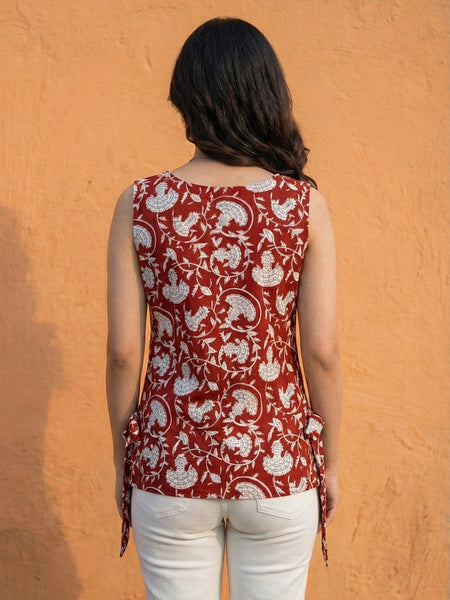 Women Maroon Bagru Print Cotton Short Kurti with Side Tie-Up Detail