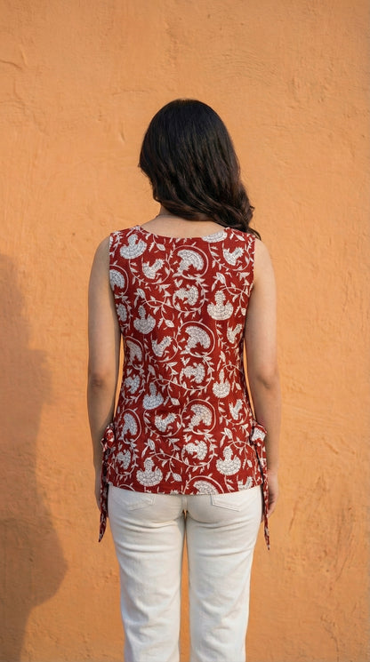 Women Maroon Bagru Print Cotton Short Kurti with Side Tie-Up Detail
