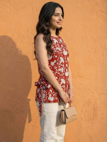 Women Maroon Bagru Print Cotton Short Kurti with Side Tie-Up Detail