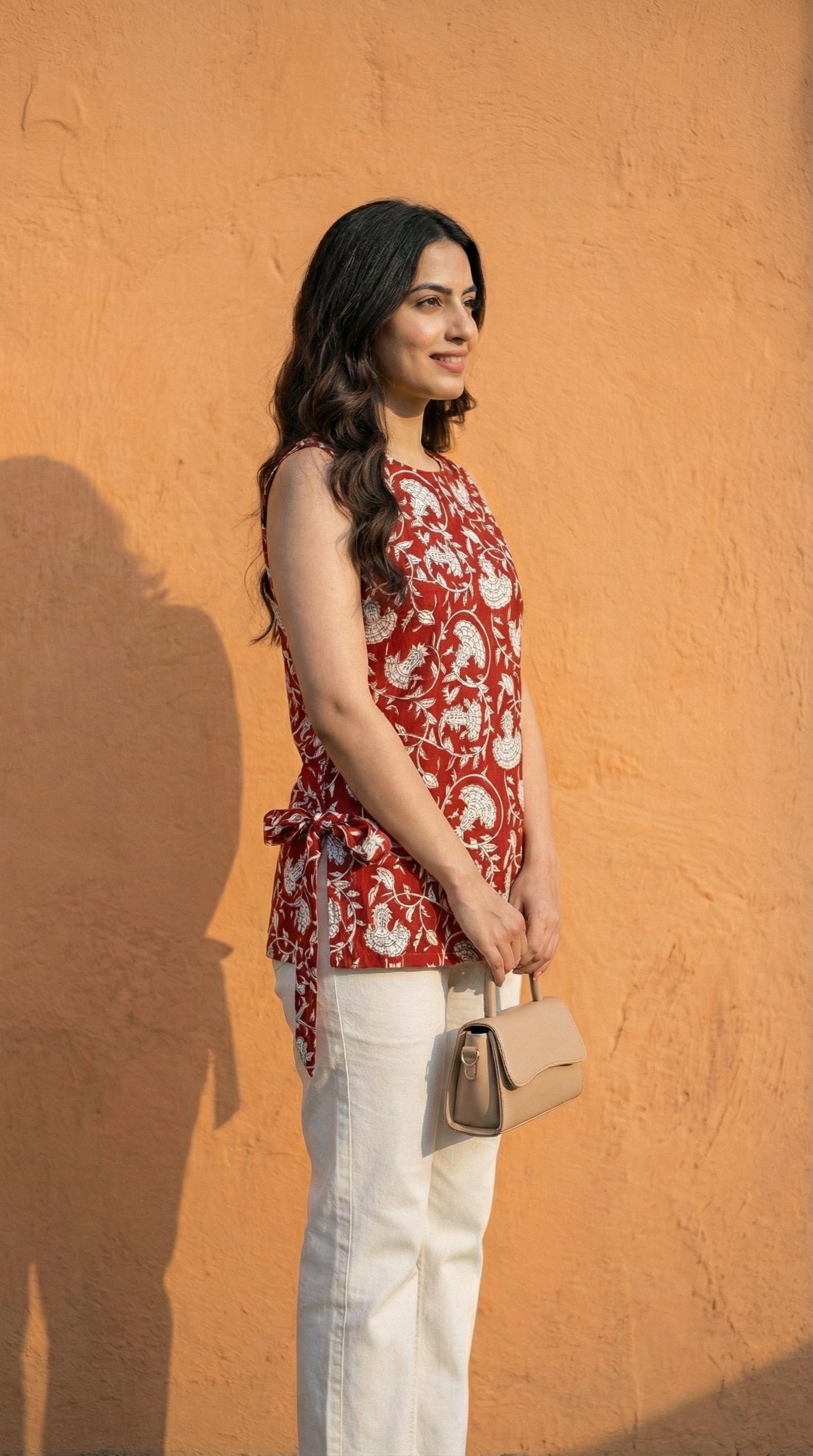 Women Maroon Bagru Print Cotton Short Kurti with Side Tie-Up Detail