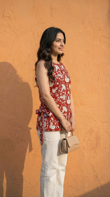 Women Maroon Bagru Print Cotton Short Kurti with Side Tie-Up Detail