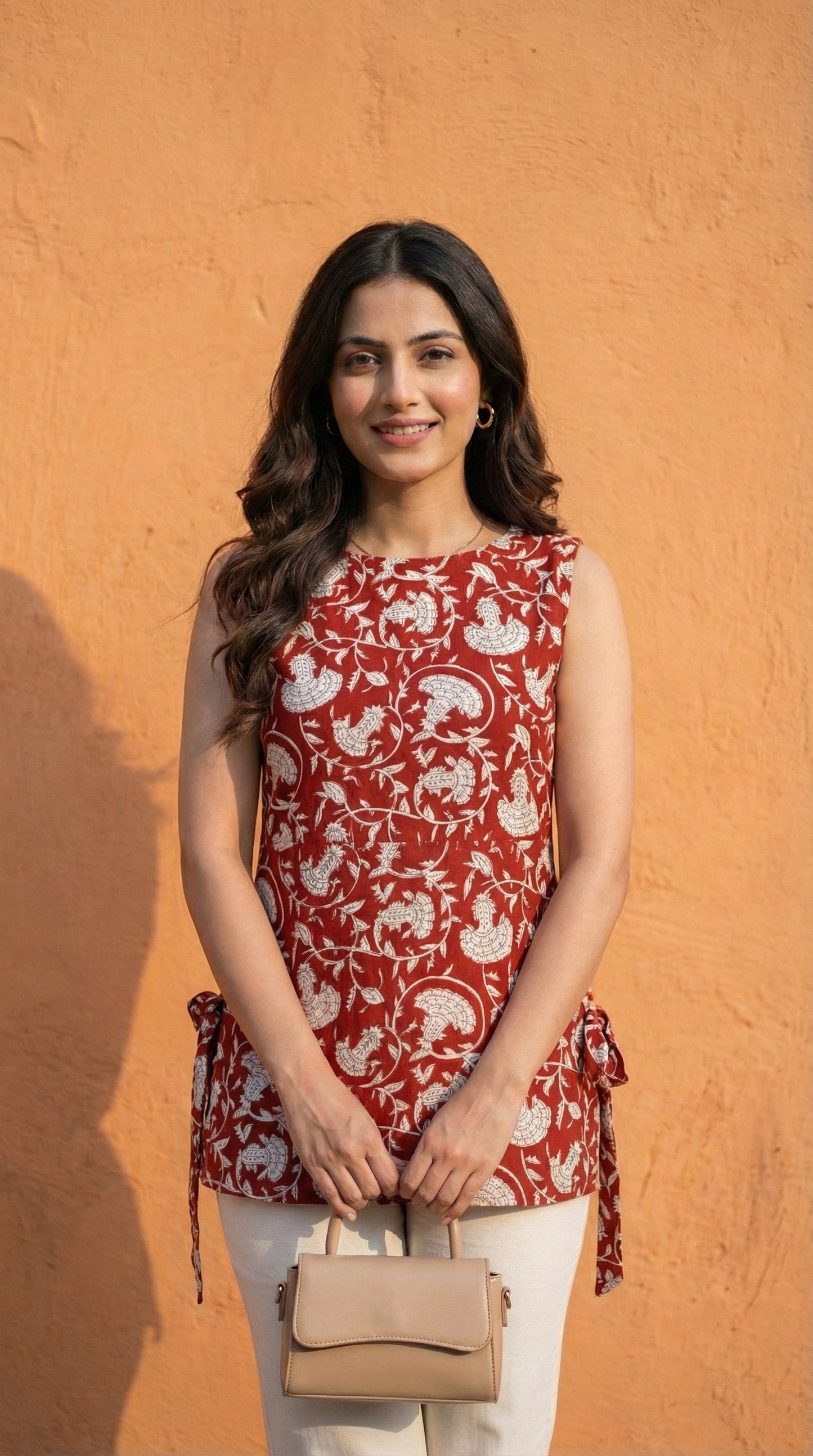 Women Maroon Bagru Print Cotton Short Kurti with Side Tie-Up Detail