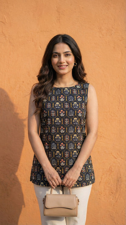 Women Black Floral Printed Cotton Kurti with Side Tie-Up Belts