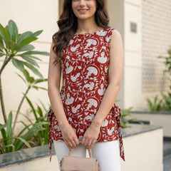 Women Maroon Bagru Print Cotton Short Kurti with Side Tie-Up Detail