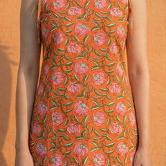 Women Orange Floral Printed Cotton Short Kurti with Shoulder Strings