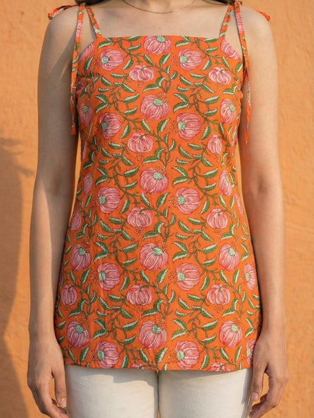 Women Orange Floral Printed Cotton Short Kurti with Shoulder Strings