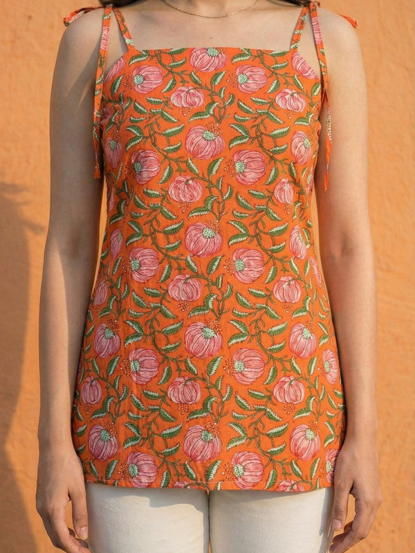 Women Orange Floral Printed Cotton Short Kurti with Shoulder Strings