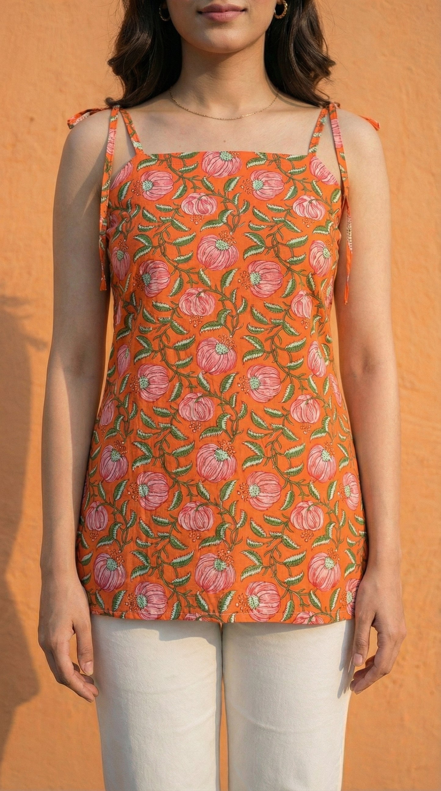 Women Orange Floral Printed Cotton Short Kurti with Shoulder Strings