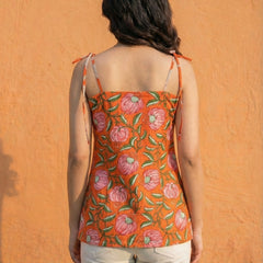 Women Orange Floral Printed Cotton Short Kurti with Shoulder Strings