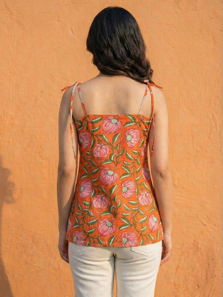 Women Orange Floral Printed Cotton Short Kurti with Shoulder Strings